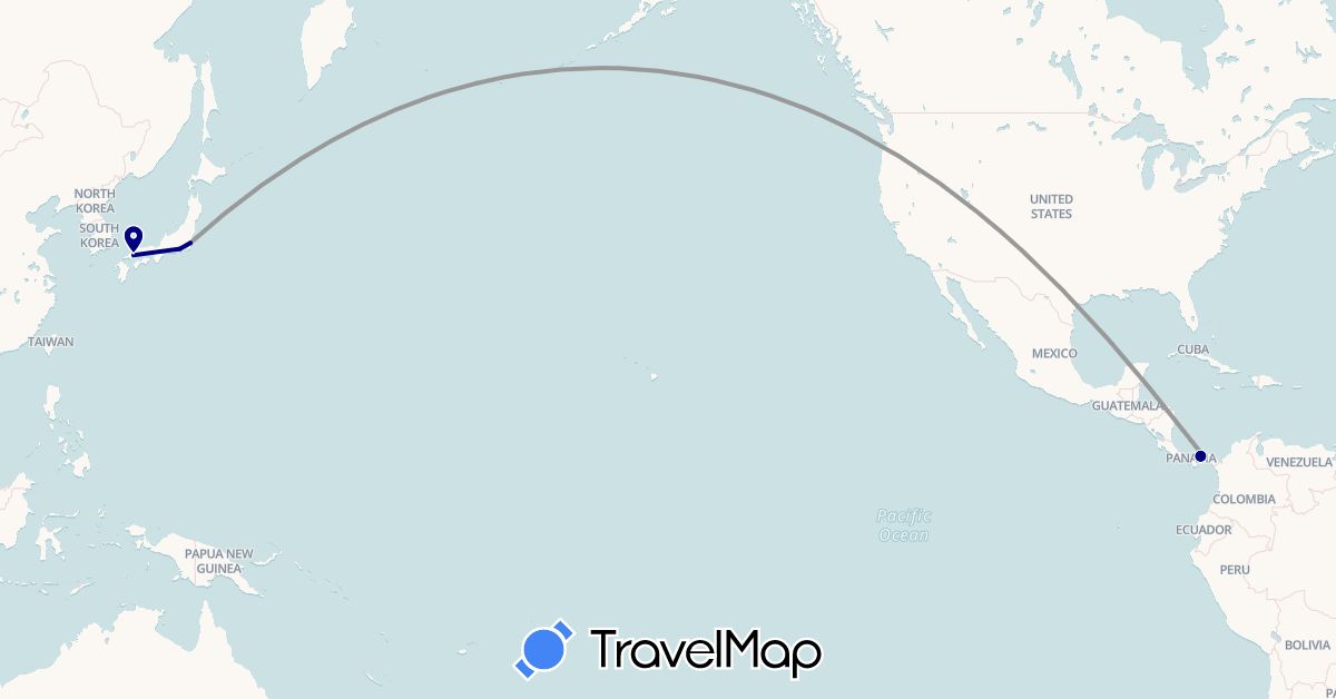 TravelMap itinerary: driving, plane in Japan, Panama (Asia, North America)